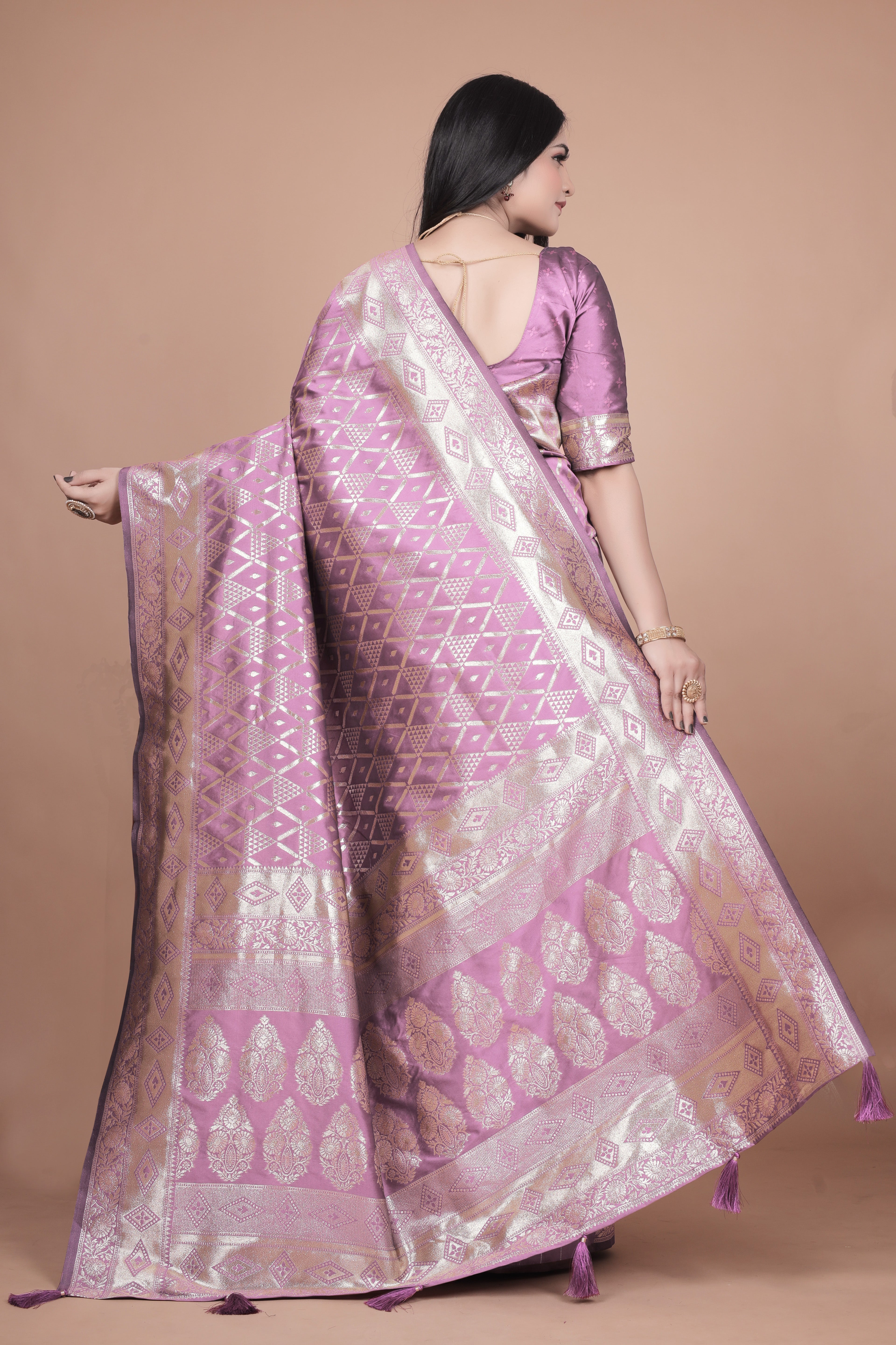 Mauve Banarasi Silk Saree with Silver Zari Elegance With 4 color option